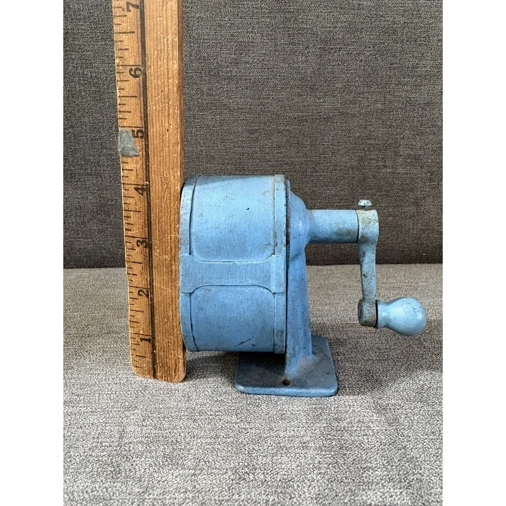 VINTAGE Unnamed Pencil Sharpener Wooden‎ Handle Blue Heavy Metal Base